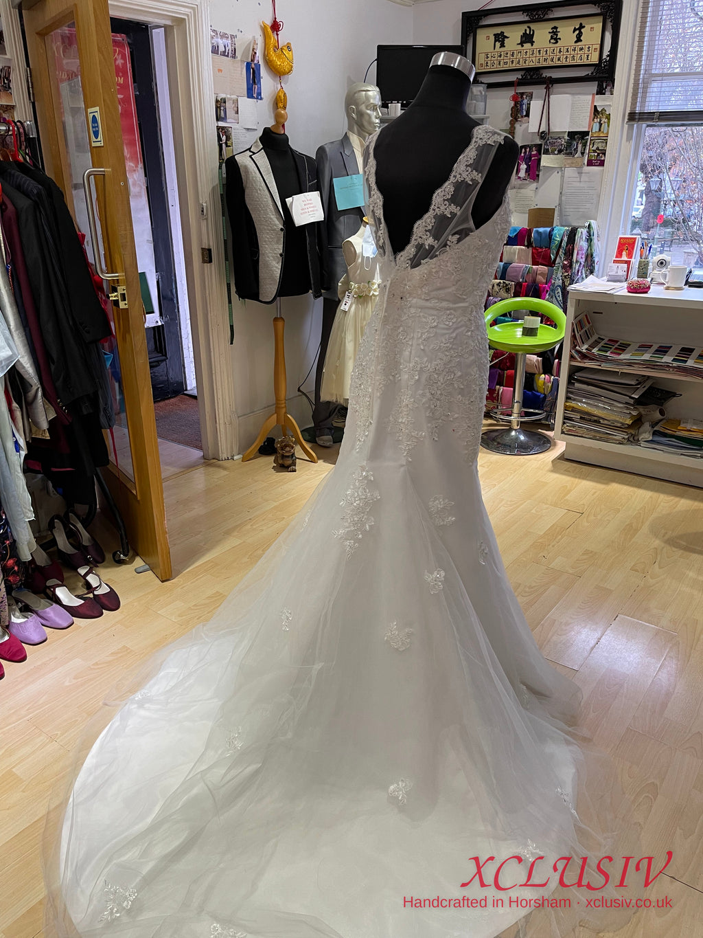 Ivory Lace Fit-and-Flare Wedding Dress with Illusion Neck & V-Back – XCLUSIV Horsham (view 5)