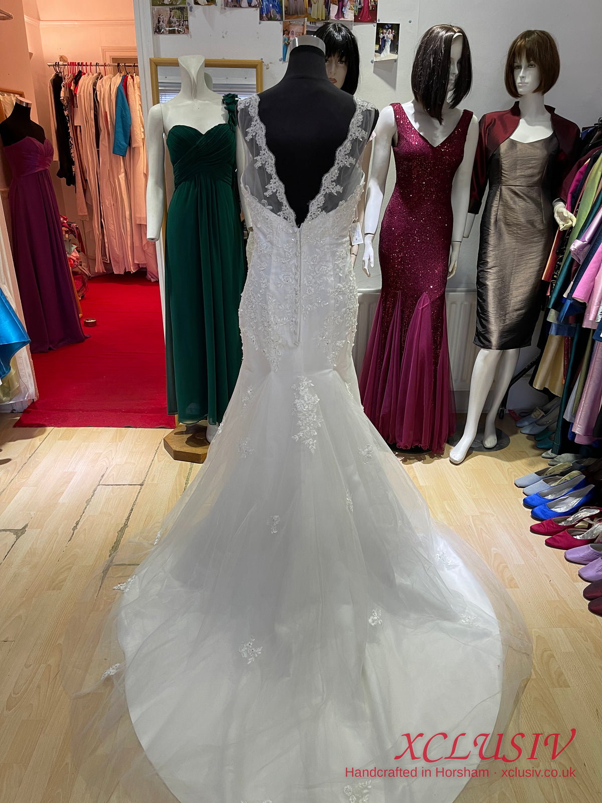 Ivory Lace Fit-and-Flare Wedding Dress with Illusion Neck & V-Back – XCLUSIV Horsham (view 6)