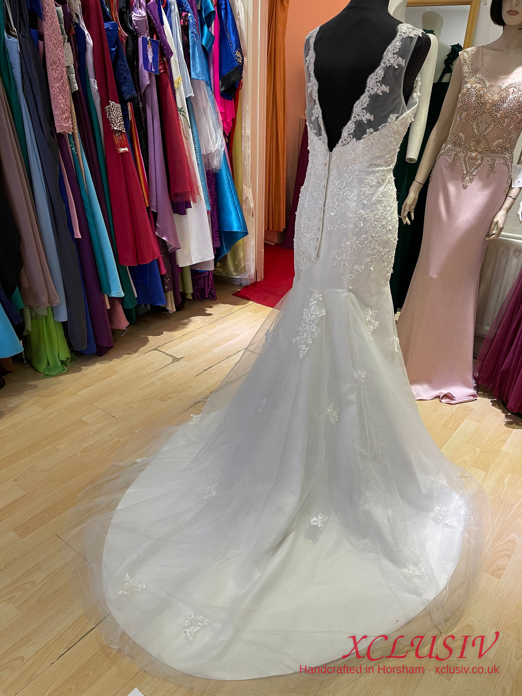 Ivory Lace Fit-and-Flare Wedding Dress with Illusion Neck & V-Back – XCLUSIV Horsham (view 7)