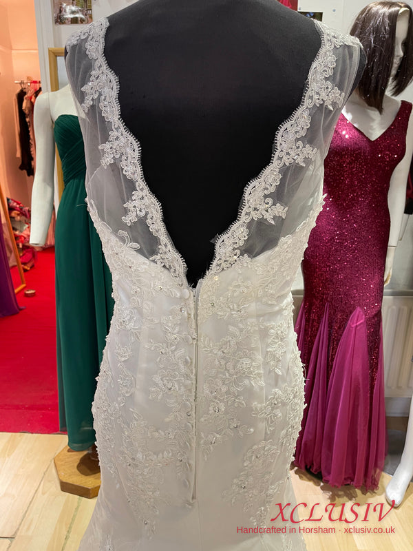 Ivory Lace Fit-and-Flare Wedding Dress with Illusion Neck & V-Back – XCLUSIV Horsham (view 9)