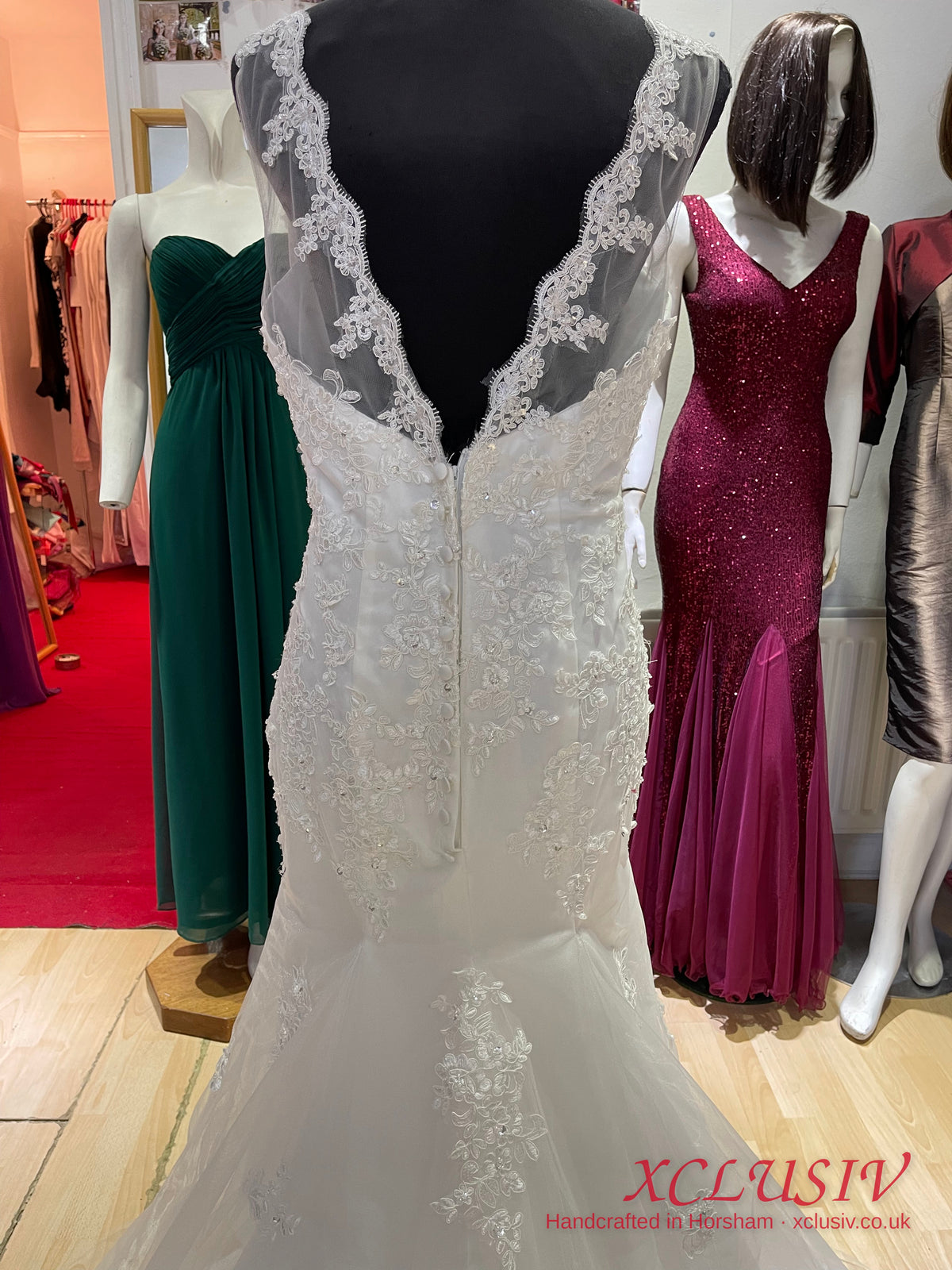 Ivory Lace Fit-and-Flare Wedding Dress with Illusion Neck & V-Back – XCLUSIV Horsham (view 10)
