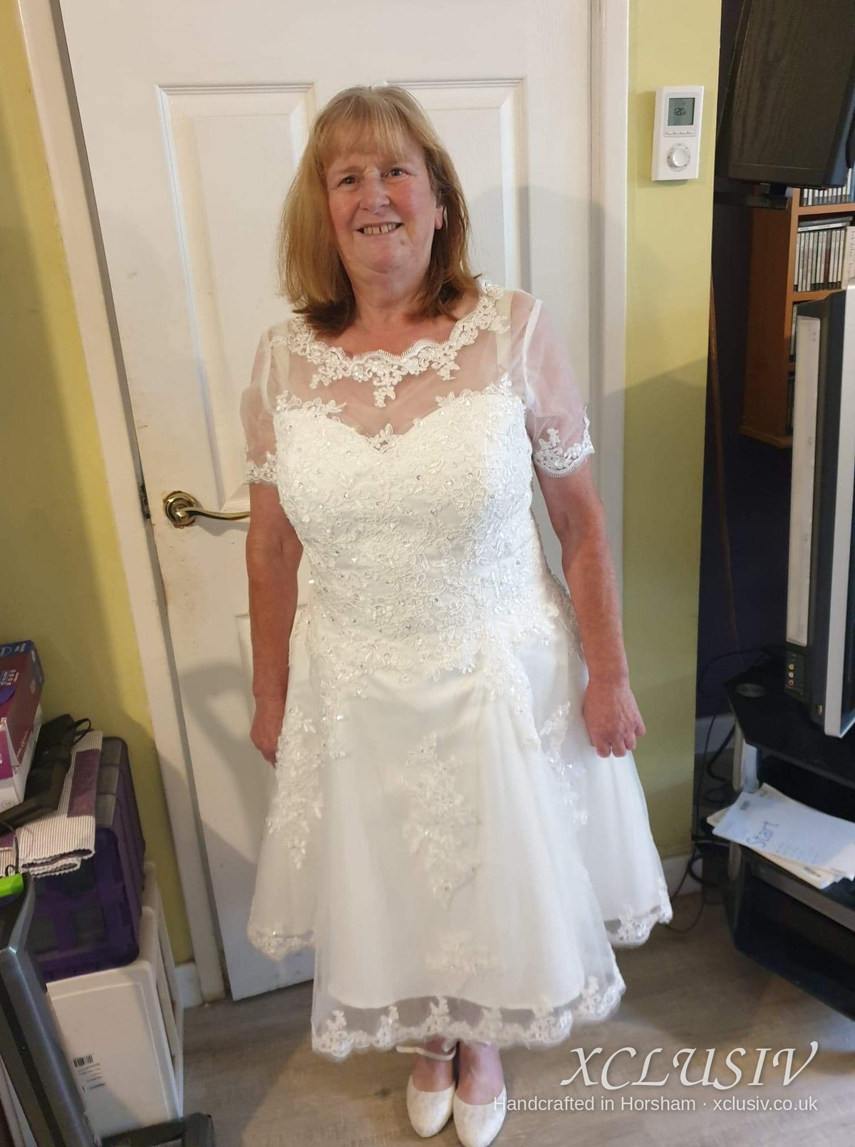 Ivory Lace Short-Sleeve Tea-Length Wedding Dress – XCLUSIV Horsham