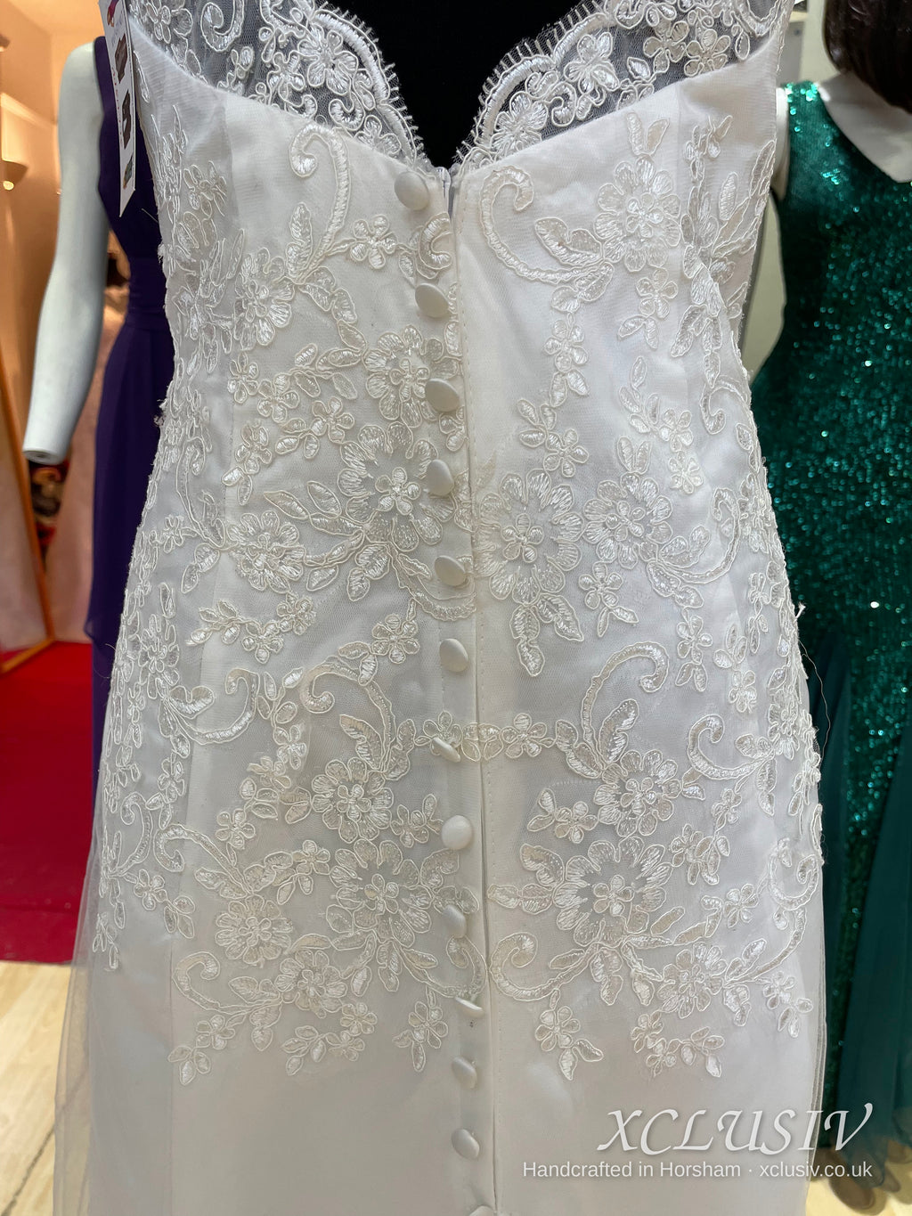Ivory Lace V-Neck A-Line Wedding Dress with Keyhole Back – XCLUSIV Horsham (view 5)