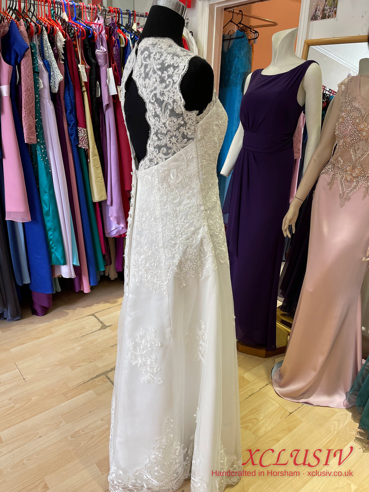 Ivory Lace V-Neck A-Line Wedding Dress with Keyhole Back – XCLUSIV Horsham (view 6)