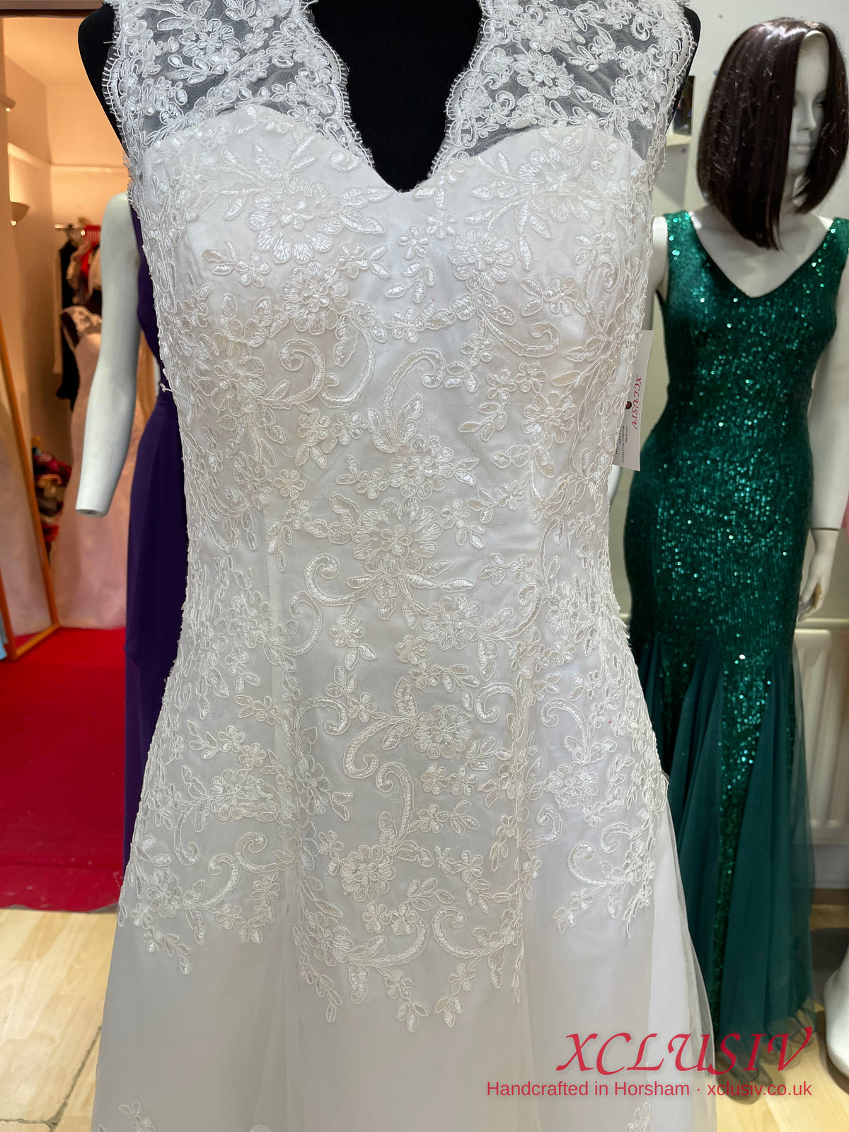 Ivory Lace V-Neck A-Line Wedding Dress with Keyhole Back – XCLUSIV Horsham (view 7)