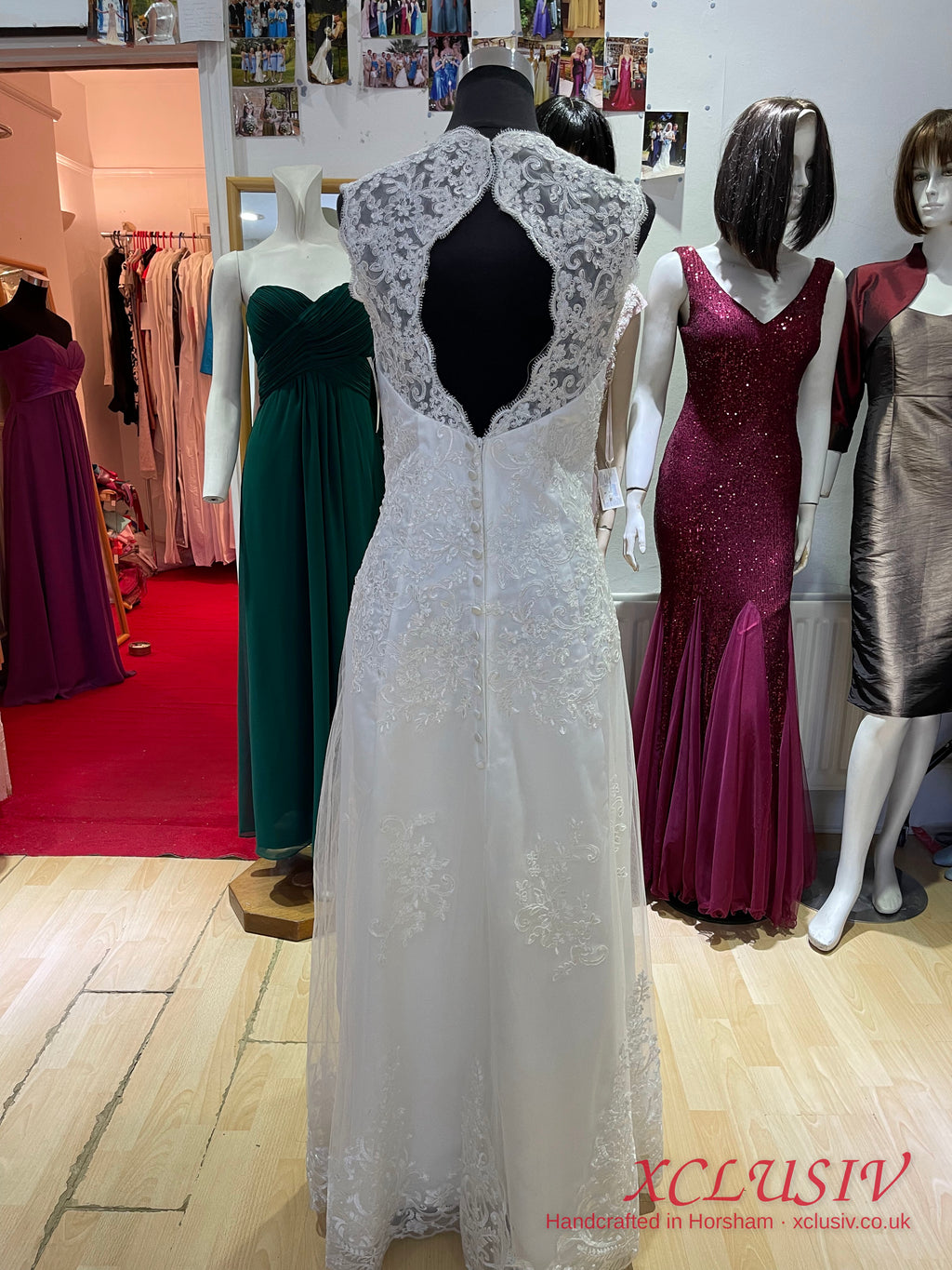 Ivory Lace V-Neck A-Line Wedding Dress with Keyhole Back – XCLUSIV Horsham (view 8)