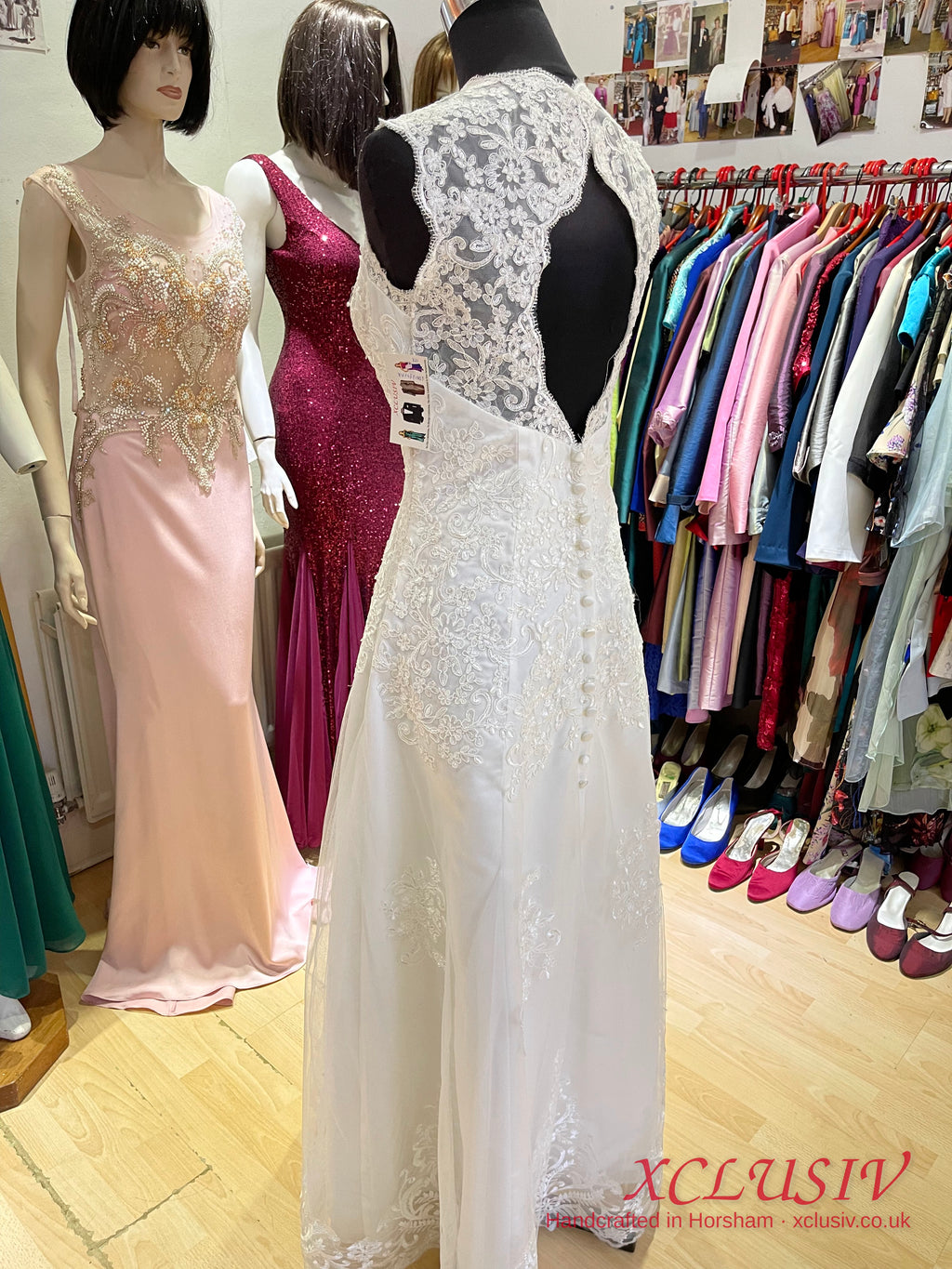 Ivory Lace V-Neck A-Line Wedding Dress with Keyhole Back – XCLUSIV Horsham (view 10)