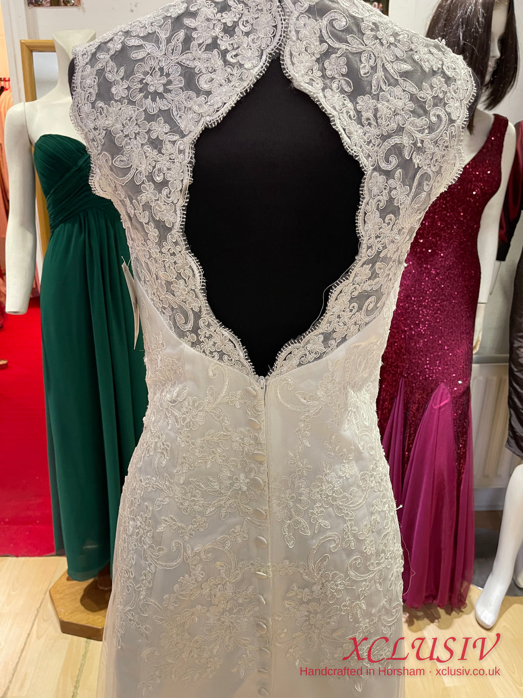 Ivory Lace V-Neck A-Line Wedding Dress with Keyhole Back – XCLUSIV Horsham (view 11)