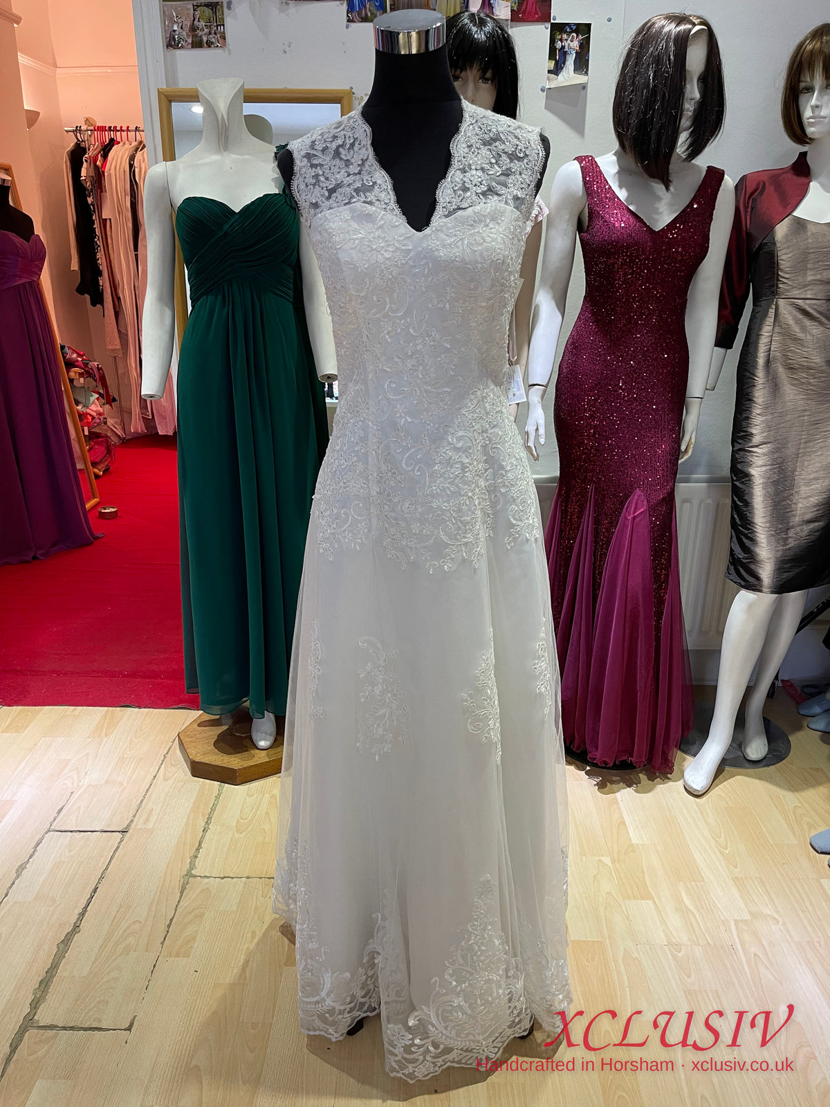 Ivory Lace V-Neck A-Line Wedding Dress with Keyhole Back – XCLUSIV Horsham (view 12)
