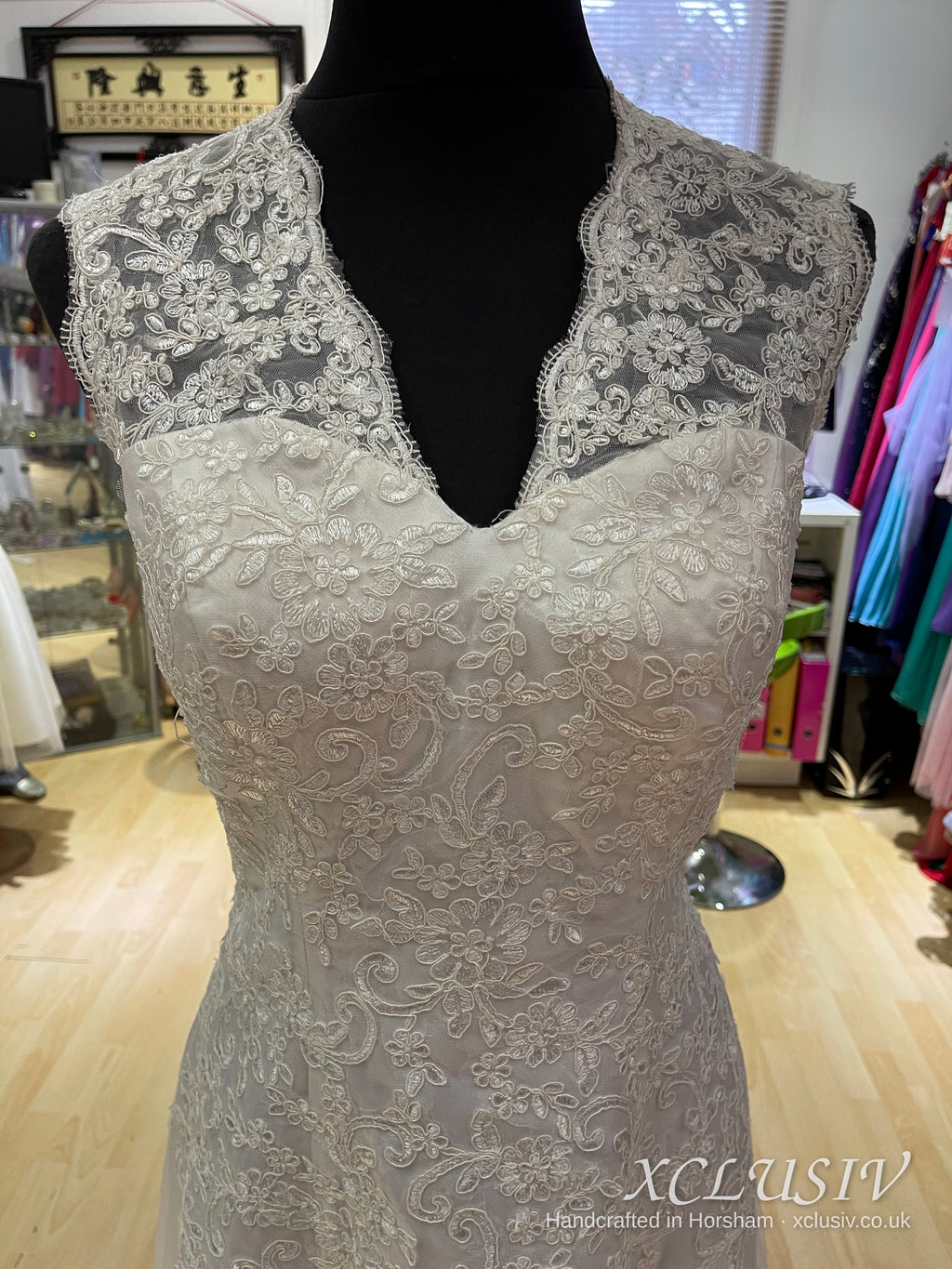 Ivory Lace V-Neck A-Line Wedding Dress with Keyhole Back – XCLUSIV Horsham (view 16)