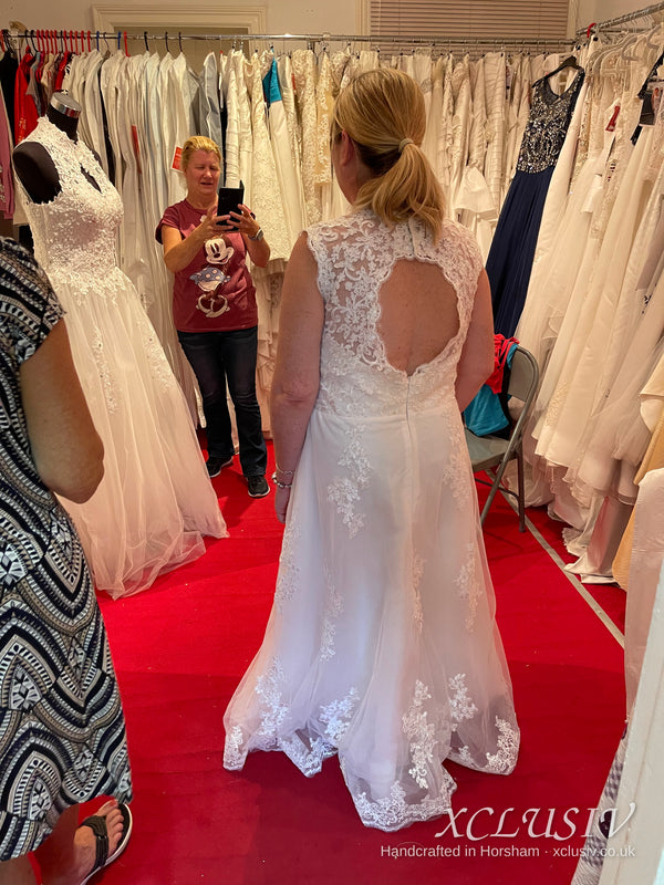 Ivory Lace V-Neck A-Line Wedding Dress with Keyhole Back – XCLUSIV Horsham (view 17)