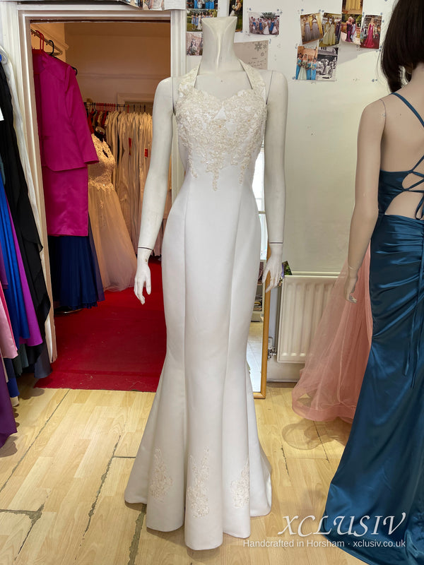 Ivory Satin Beaded Halter Fishtail Wedding Dress – XCLUSIV Horsham
