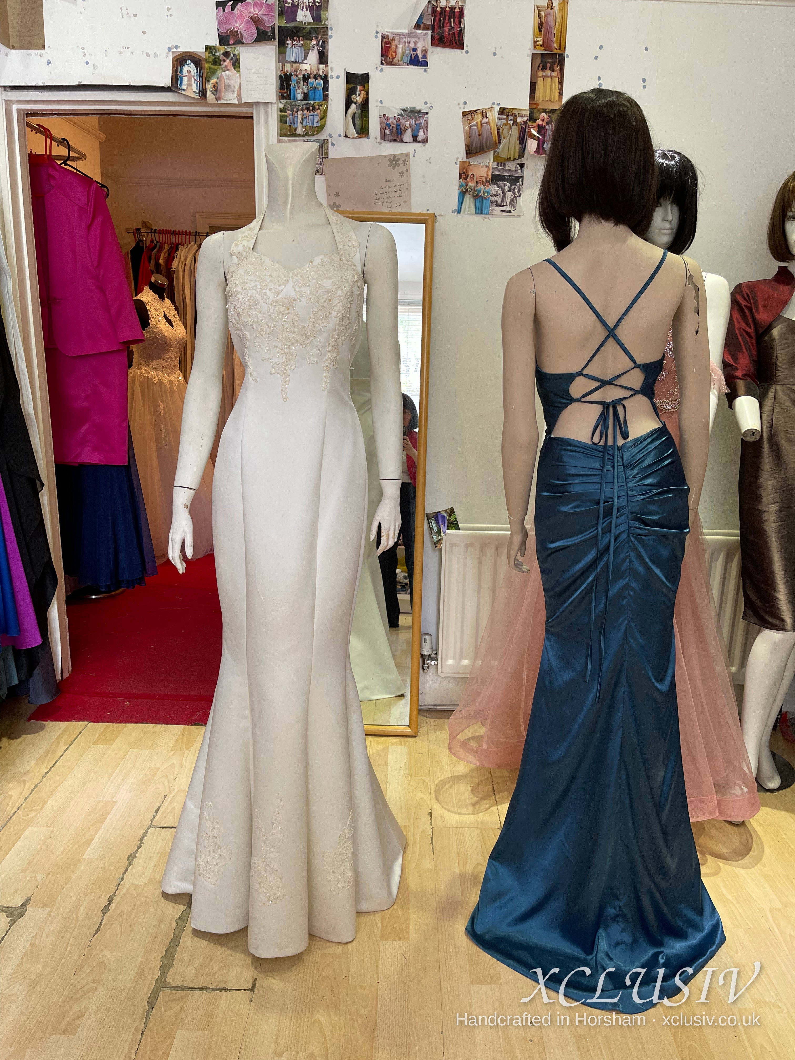 Ivory Satin Beaded Halter Fishtail Wedding Dress Secondary image