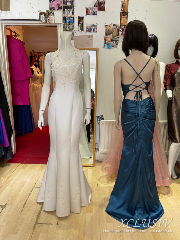 Ivory Satin Beaded Halter Fishtail Wedding Dress – XCLUSIV Horsham (view 2)