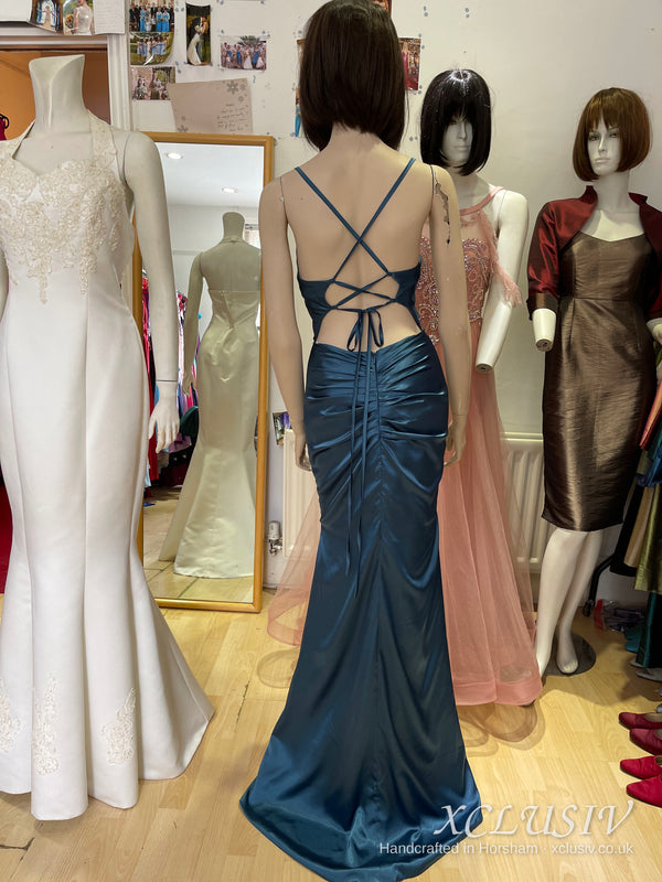 Ivory Satin Beaded Halter Fishtail Wedding Dress – XCLUSIV Horsham (view 3)