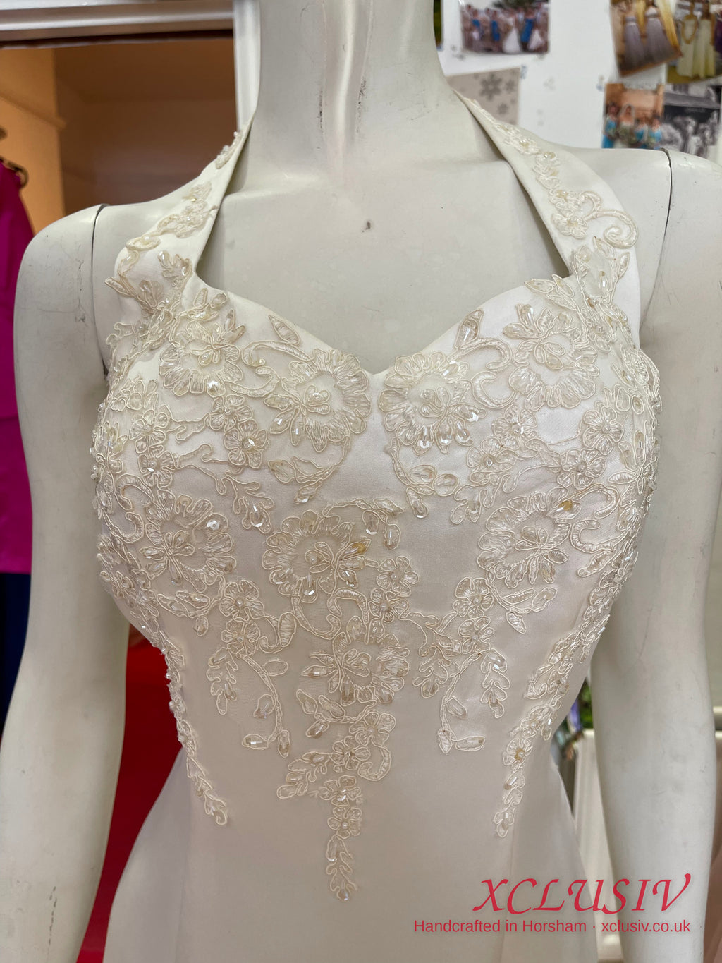 Ivory Satin Beaded Halter Fishtail Wedding Dress – XCLUSIV Horsham (view 4)