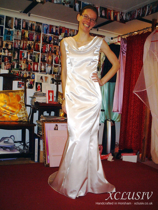 Ivory Satin Cowl-Neck Fishtail Wedding Dress – XCLUSIV Horsham (view 2)