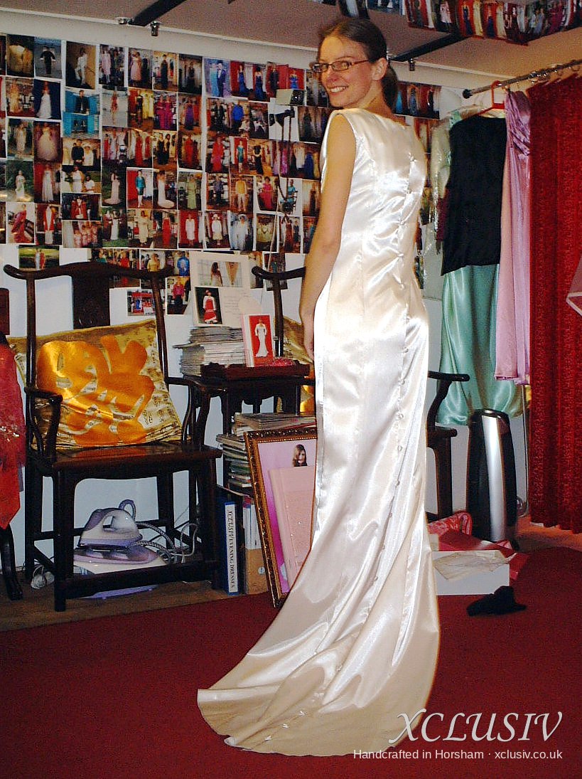 Ivory Satin Cowl-Neck Fishtail Wedding Dress – XCLUSIV Horsham (view 3)