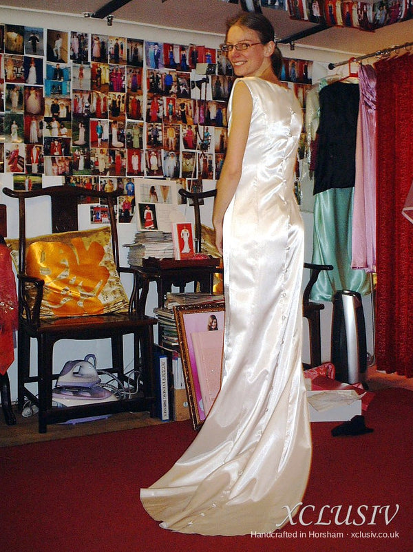 Ivory Satin Cowl-Neck Fishtail Wedding Dress – XCLUSIV Horsham (view 3)