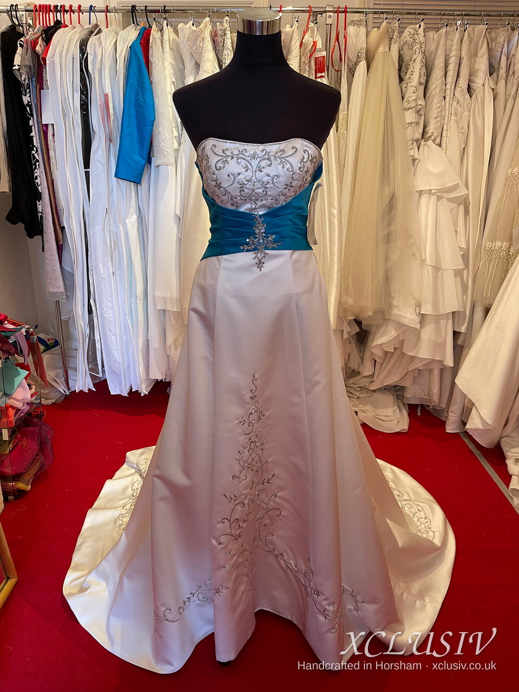 Embroidered Ivory Satin Wedding Dress with Teal Sash – XCLUSIV Horsham