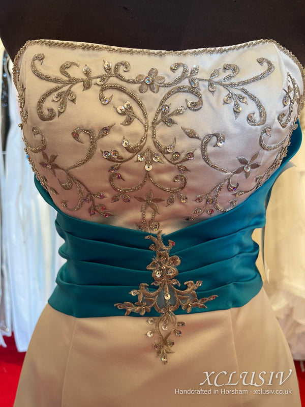 Embroidered Ivory Satin Wedding Dress with Teal Sash – XCLUSIV Horsham (view 2)