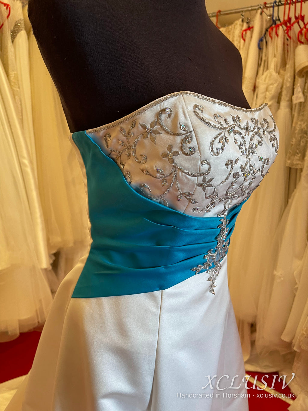 Embroidered Ivory Satin Wedding Dress with Teal Sash – XCLUSIV Horsham (view 3)