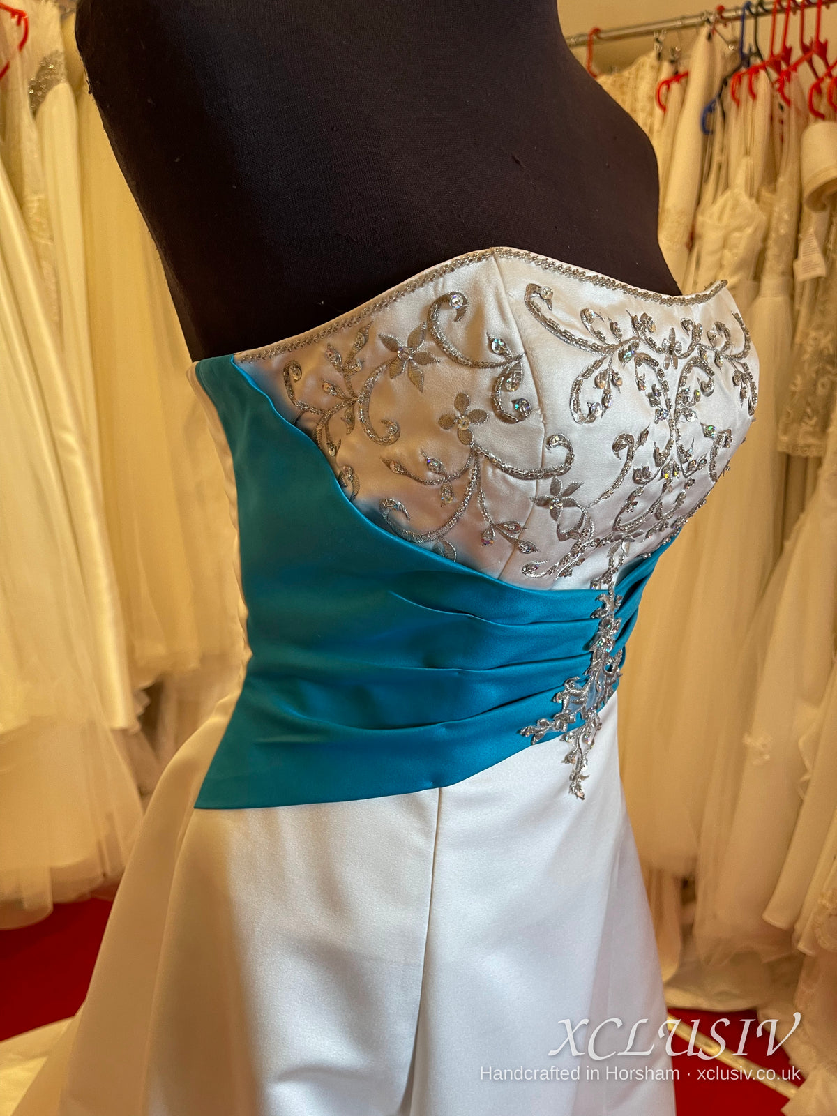 Embroidered Ivory Satin Wedding Dress with Teal Sash – XCLUSIV Horsham (view 3)