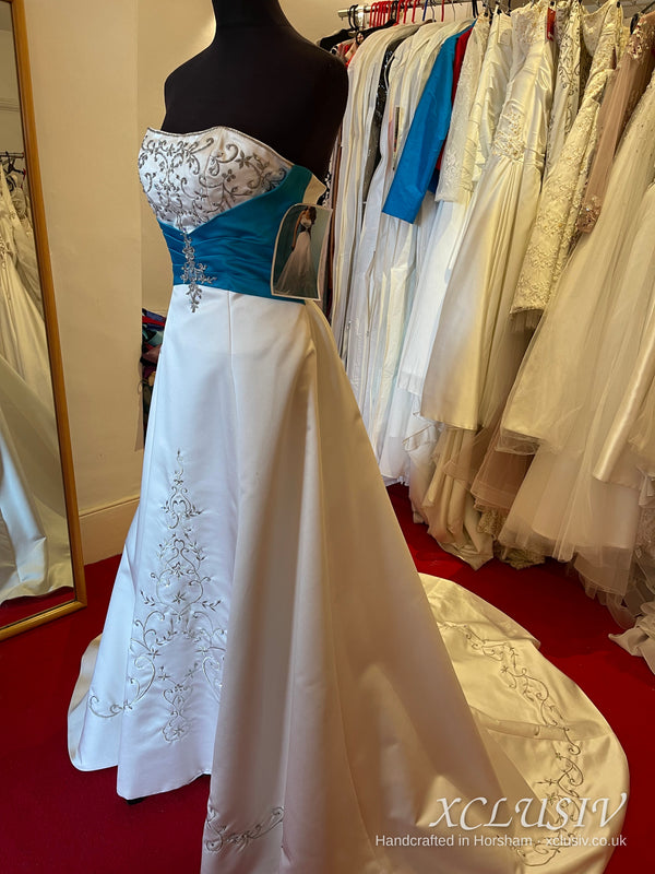 Embroidered Ivory Satin Wedding Dress with Teal Sash – XCLUSIV Horsham (view 4)