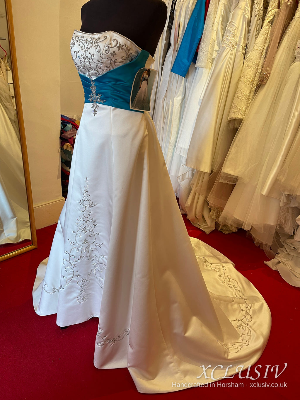 Embroidered Ivory Satin Wedding Dress with Teal Sash – XCLUSIV Horsham (view 5)