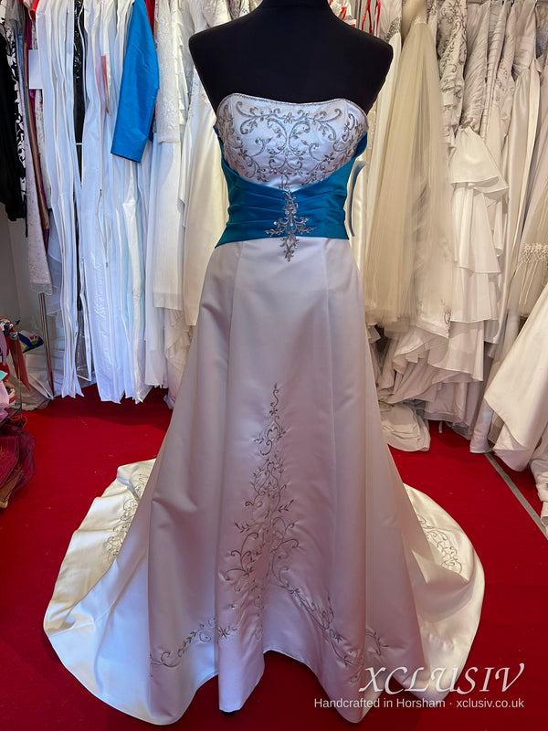 Embroidered Ivory Satin Wedding Dress with Teal Sash – XCLUSIV Horsham (view 6)