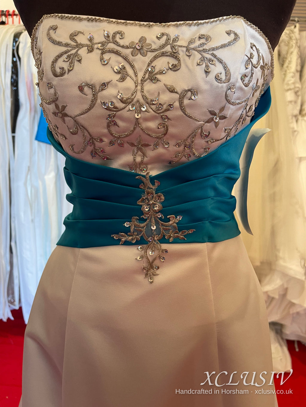 Embroidered Ivory Satin Wedding Dress with Teal Sash – XCLUSIV Horsham (view 7)