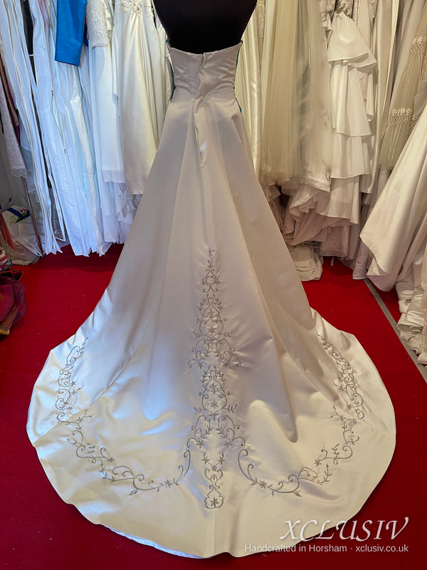 Embroidered Ivory Satin Wedding Dress with Teal Sash – XCLUSIV Horsham (view 8)
