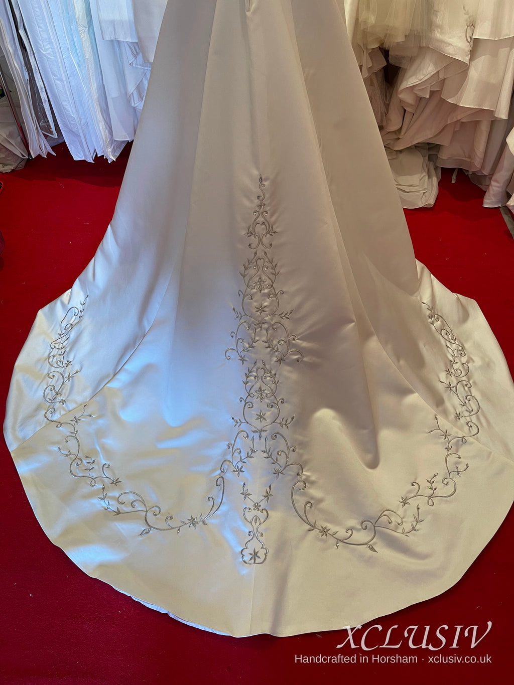 Embroidered Ivory Satin Wedding Dress with Teal Sash – XCLUSIV Horsham (view 9)