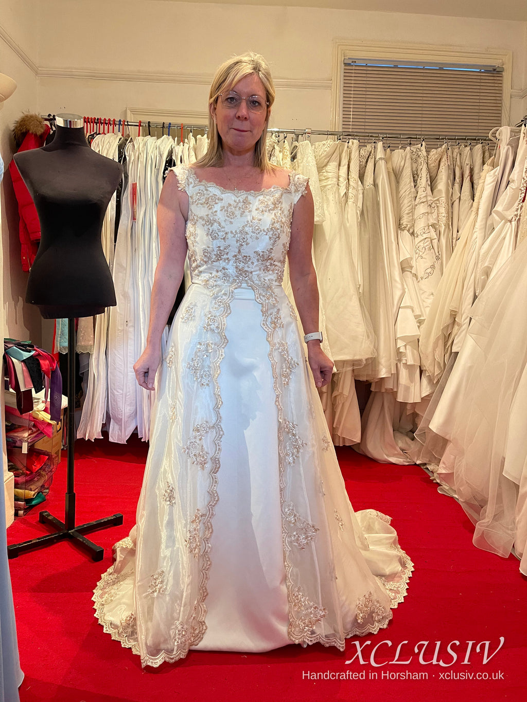 Ivory Satin Off-Shoulder A-Line Wedding Dress with Gold Embroidery – XCLUSIV Horsham