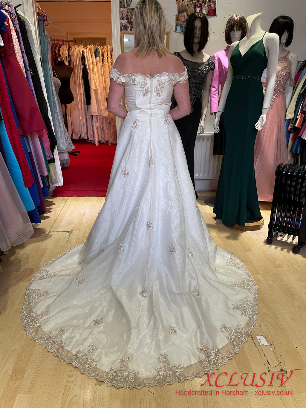 Ivory Satin Off-Shoulder A-Line Wedding Dress with Gold Embroidery – XCLUSIV Horsham (view 5)