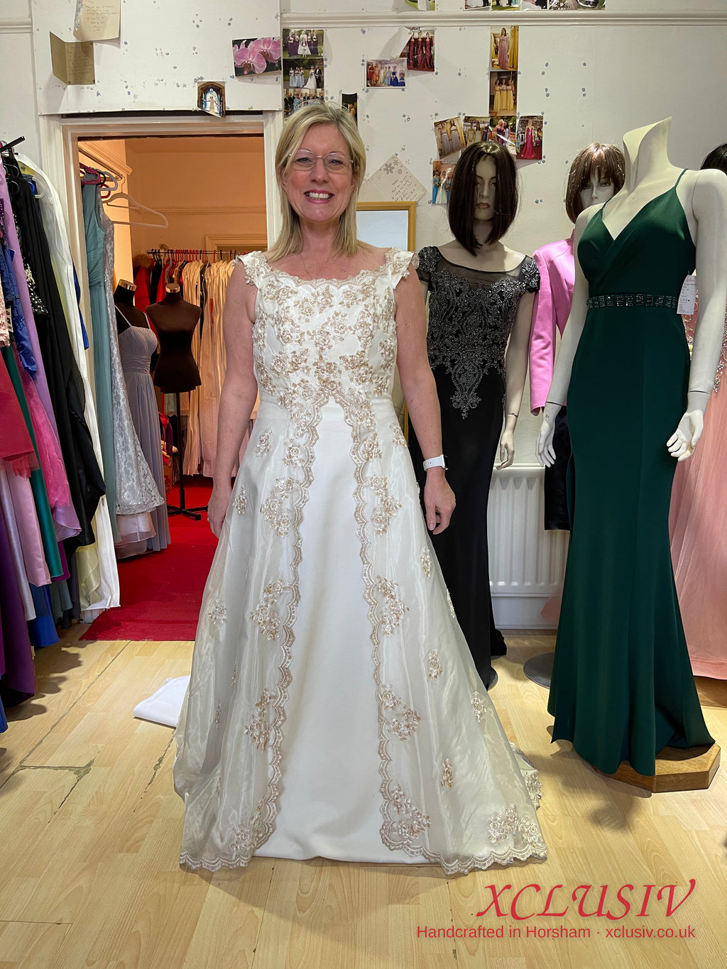 Ivory Satin Off-Shoulder A-Line Wedding Dress with Gold Embroidery – XCLUSIV Horsham (view 6)