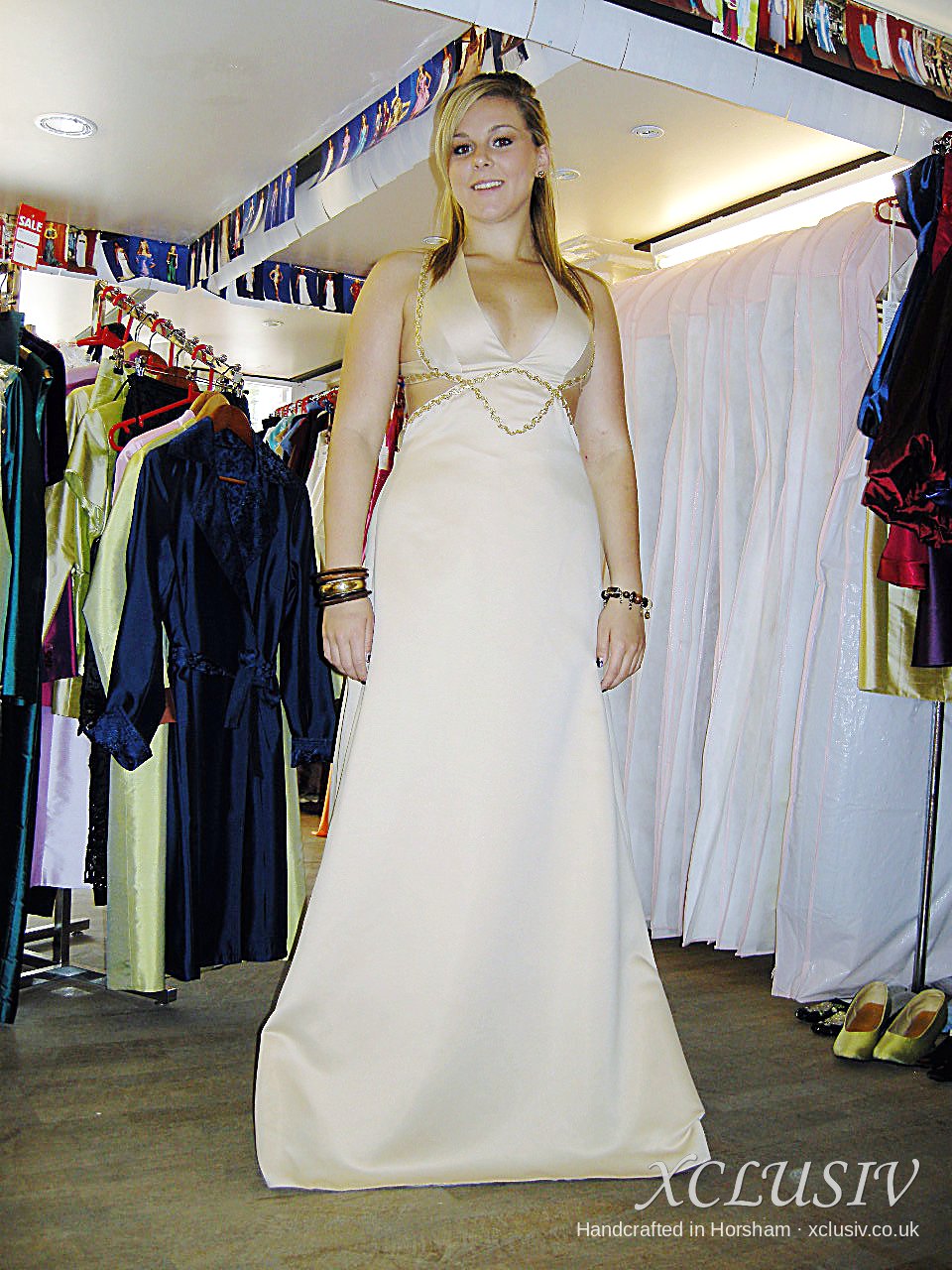 Ivory Satin Halter Wedding Dress with Gold Beading & Open Back – XCLUSIV Horsham