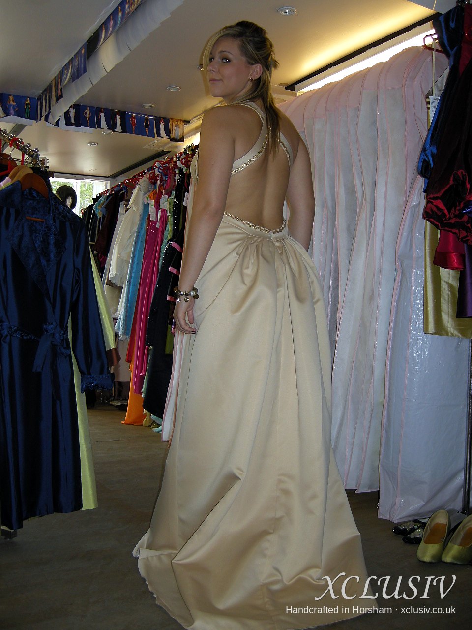 Ivory Satin Halter Wedding Dress with Gold Beading & Open Back – XCLUSIV Horsham (view 2)