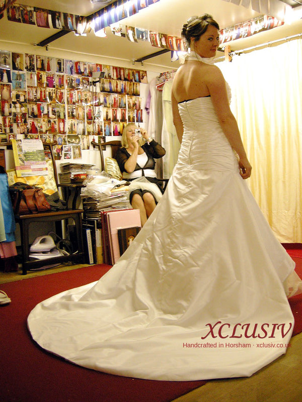 Ivory Satin Halter Wedding Dress with Ruffle Neckline – XCLUSIV Horsham