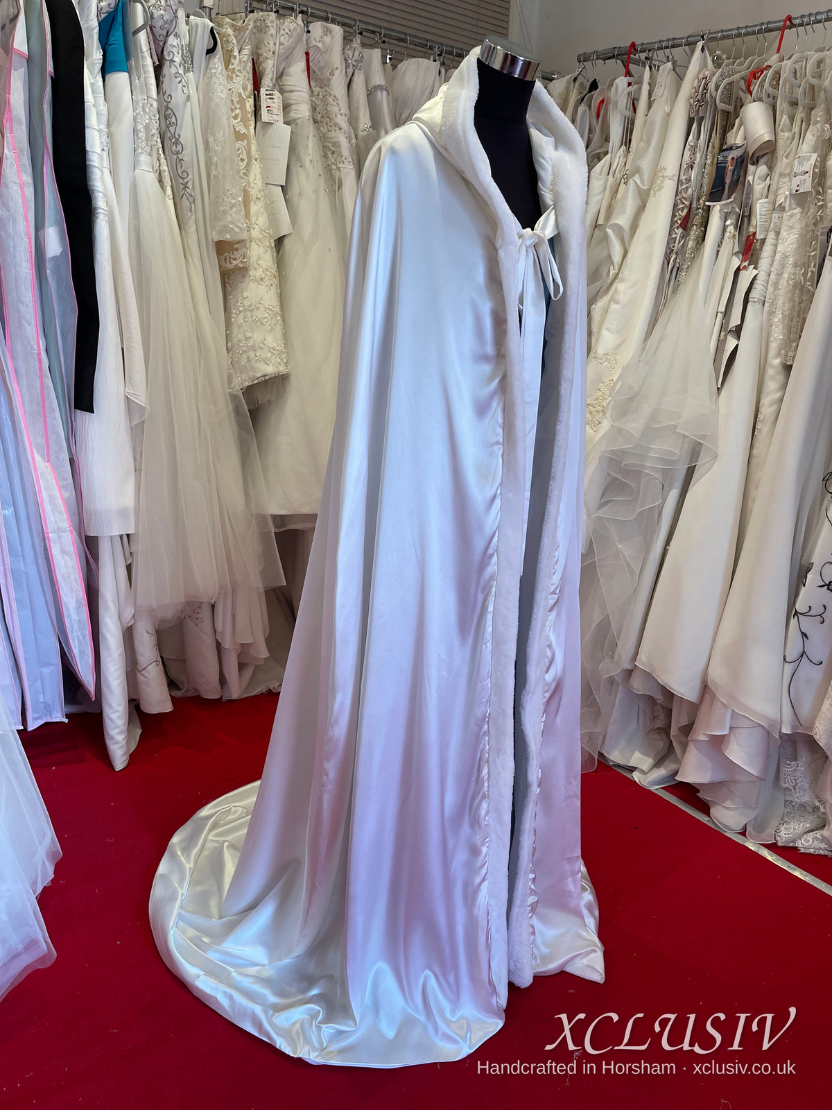 Ivory Satin Hooded Bridal Cloak – XCLUSIV Horsham (view 2)