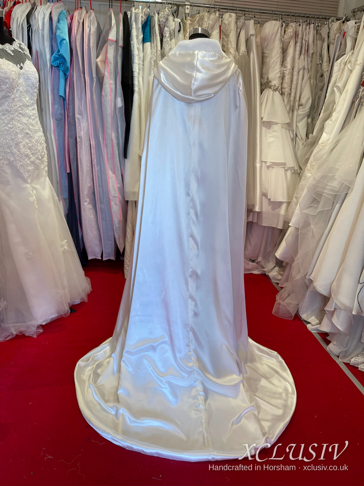 Ivory Satin Hooded Bridal Cloak – XCLUSIV Horsham (view 3)