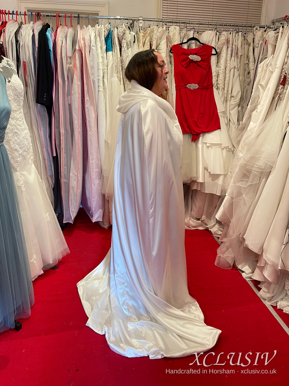 Ivory Satin Hooded Bridal Cloak – XCLUSIV Horsham (view 5)