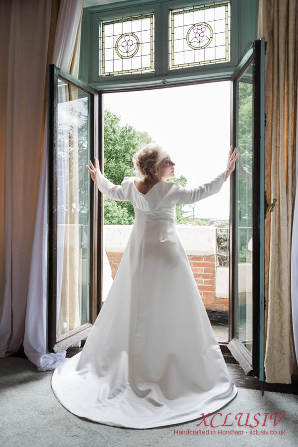 Ivory Satin Long-Sleeve A-Line Wedding Dress – XCLUSIV Horsham