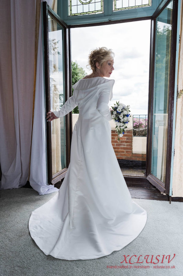 Ivory Satin Long-Sleeve A-Line Wedding Dress – XCLUSIV Horsham (view 2)