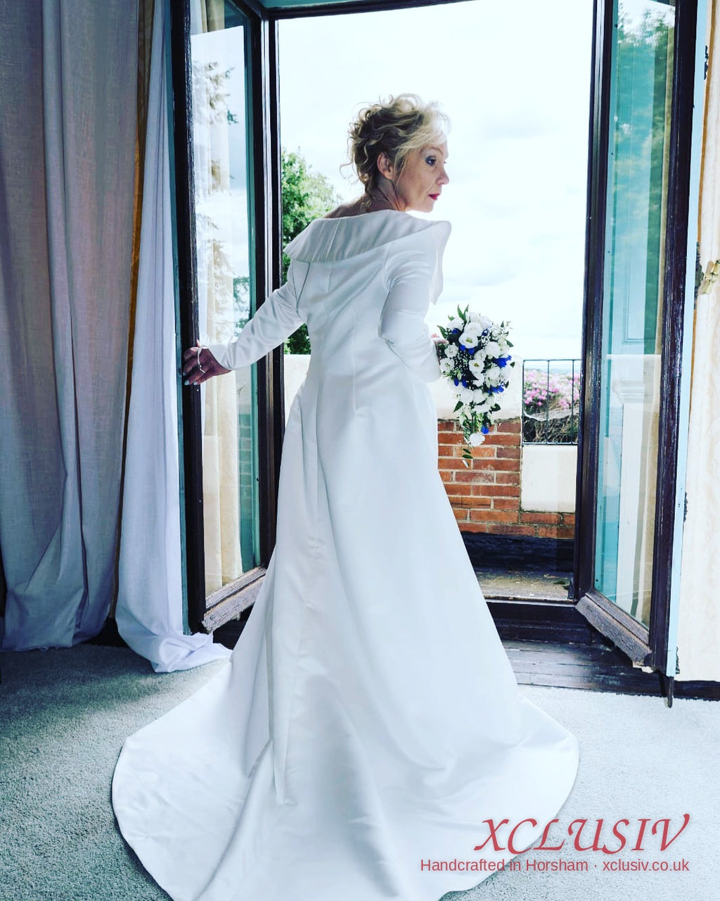 Ivory Satin Long-Sleeve A-Line Wedding Dress – XCLUSIV Horsham (view 4)