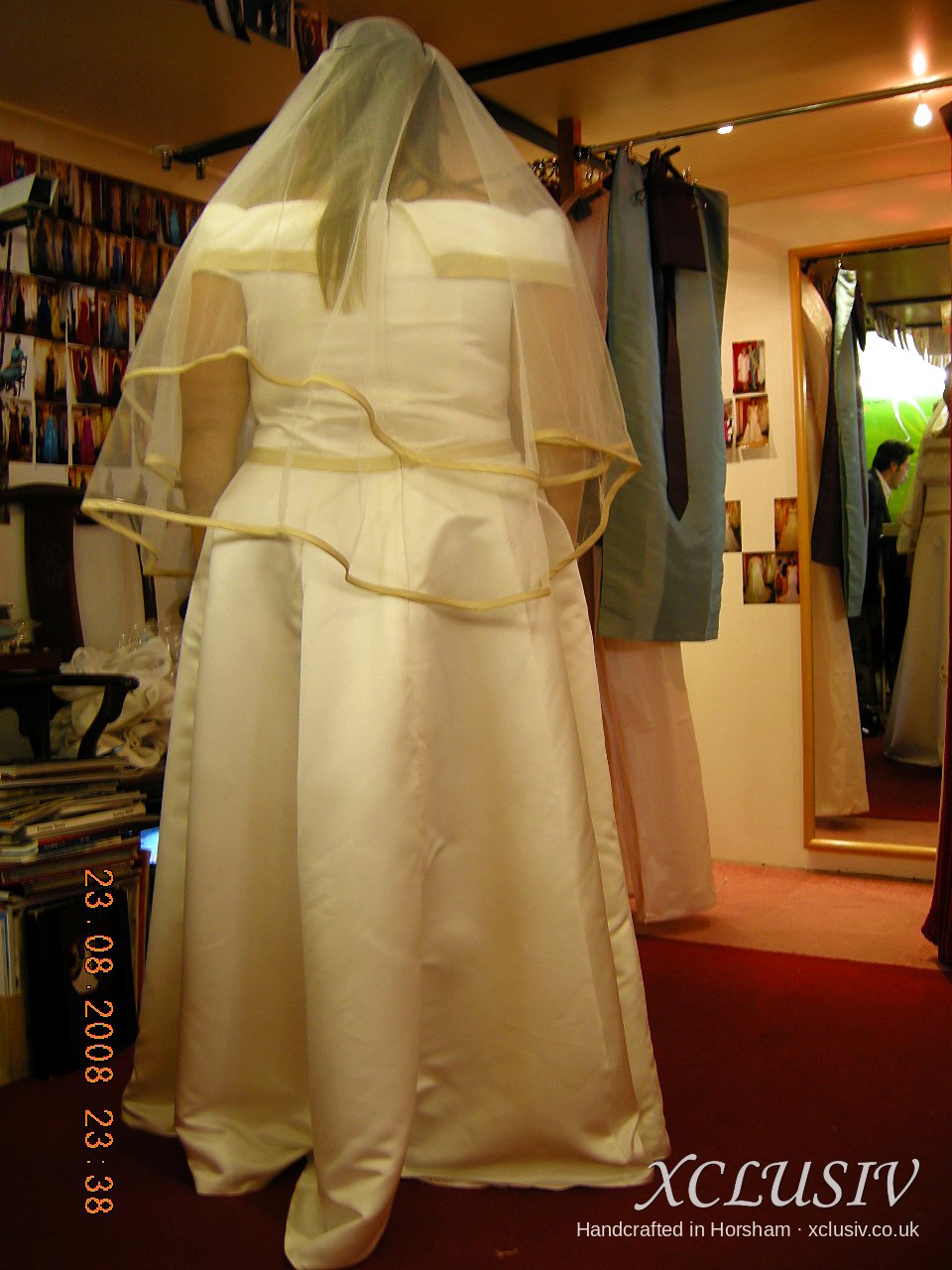 Ivory Satin Off-Shoulder Wedding Dress with Gold Trim – XCLUSIV Horsham