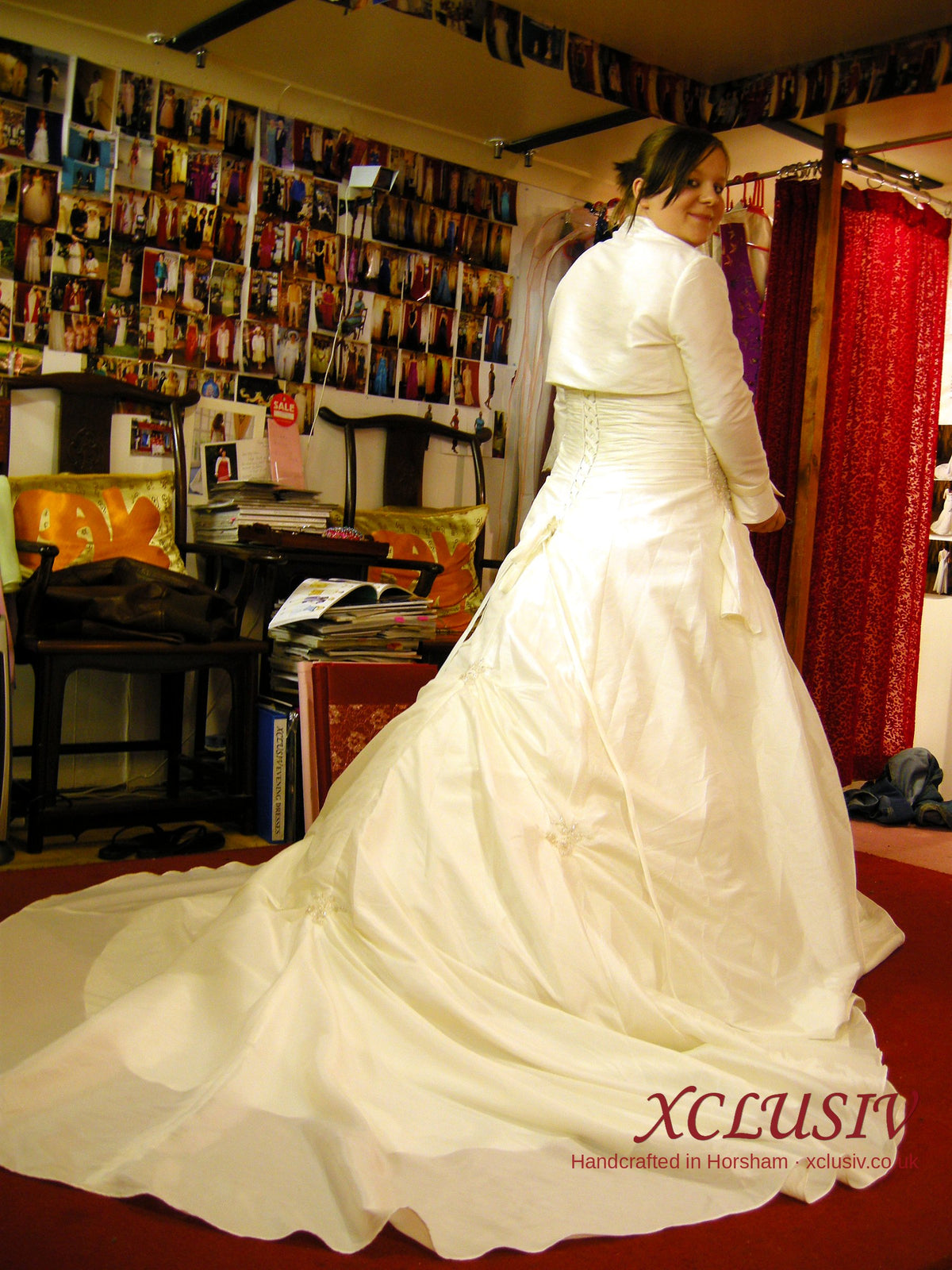 Ivory Satin Ruched Wedding Dress with Bolero & Cathedral Train – XCLUSIV Horsham