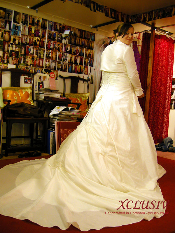 Ivory Satin Ruched Wedding Dress with Bolero & Cathedral Train – XCLUSIV Horsham