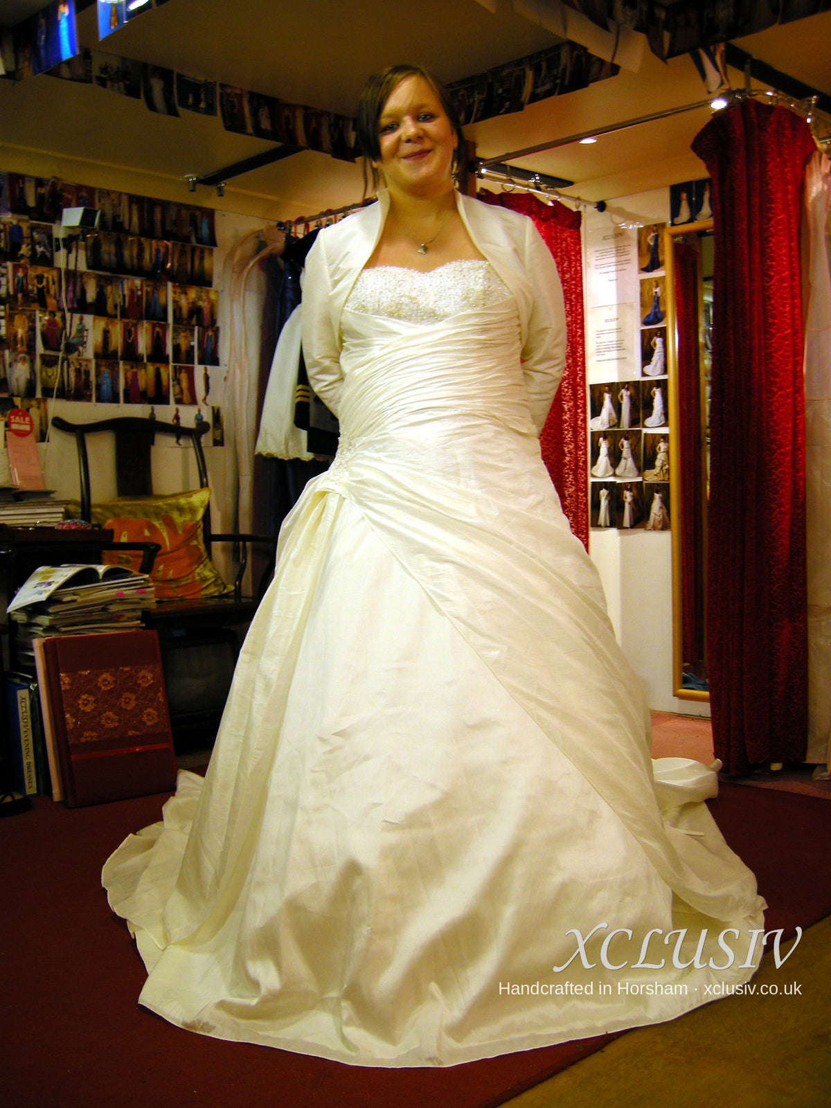 Ivory Satin Ruched Wedding Dress with Bolero & Cathedral Train – XCLUSIV Horsham (view 2)