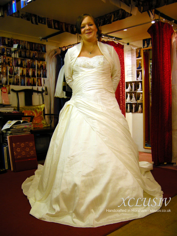 Ivory Satin Ruched Wedding Dress with Bolero & Cathedral Train – XCLUSIV Horsham (view 2)